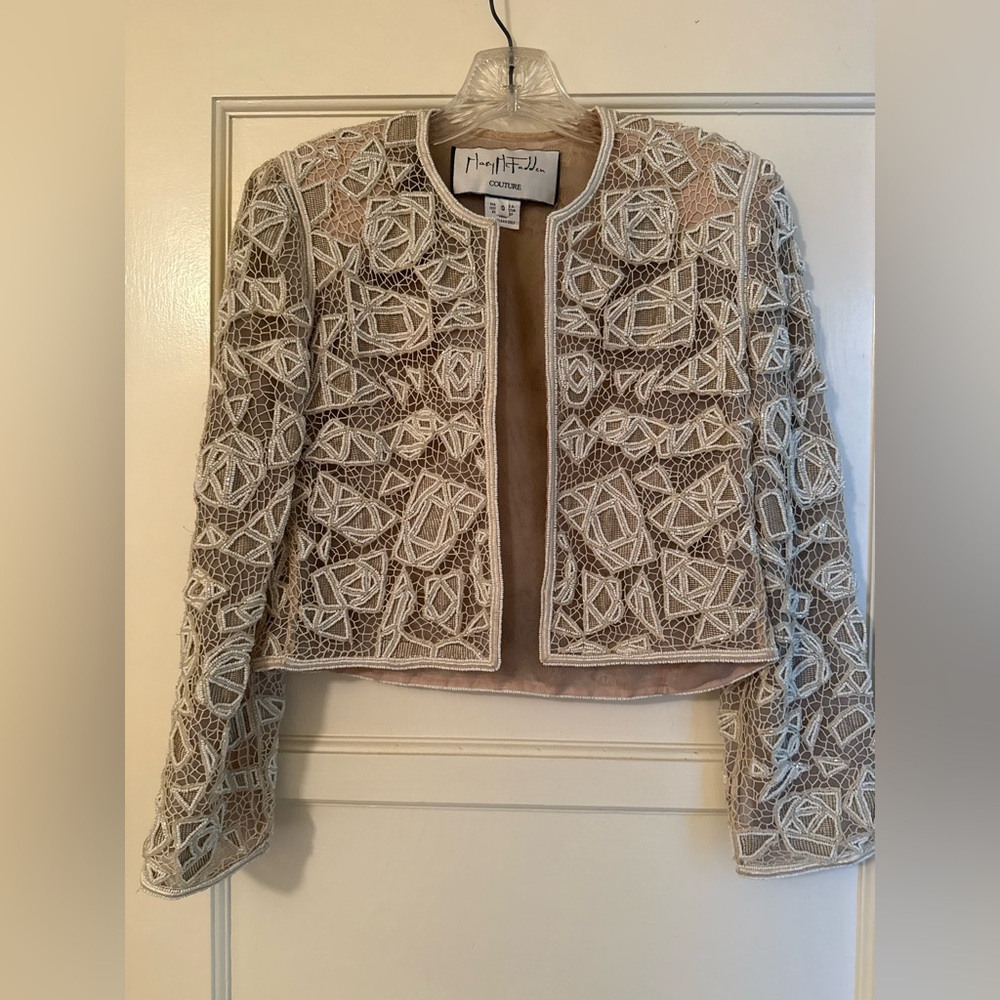 Mary McFadden Beige and White Embroidered Blazer